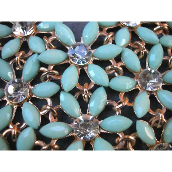 Statement Bib Necklace With Turquoise Color Beads & Rhinestones - Picture 2 of 3